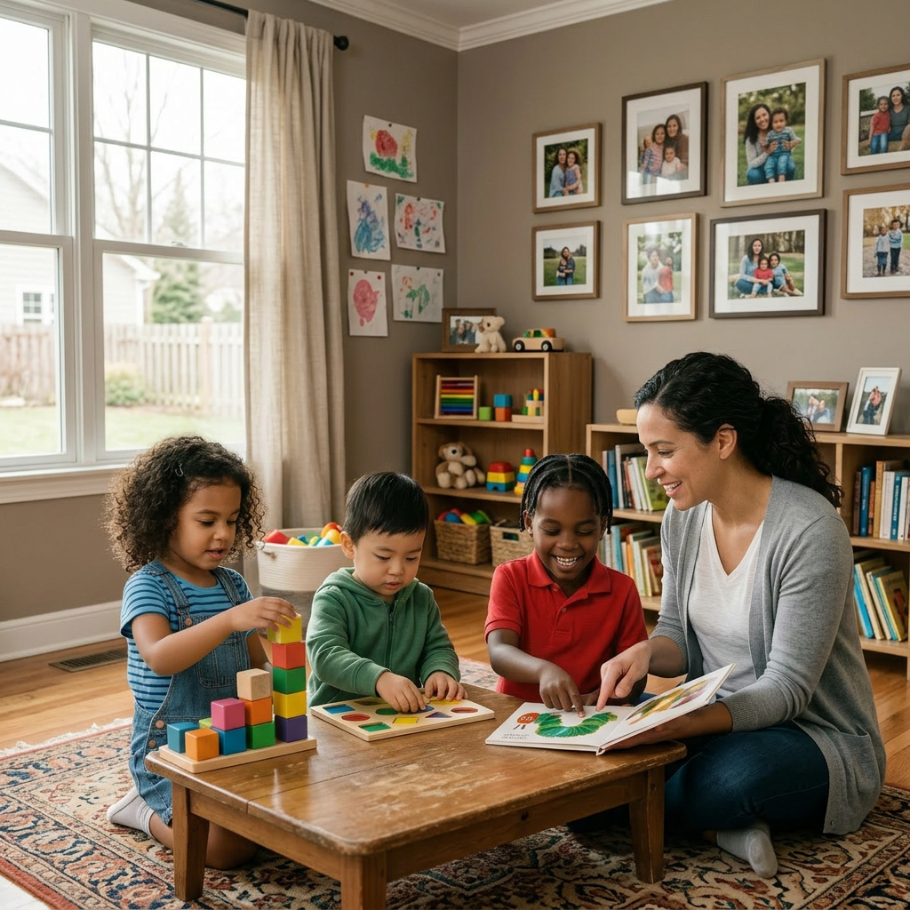 Teacher reading a book to two children and another child playing with blocks at a table in a classroom