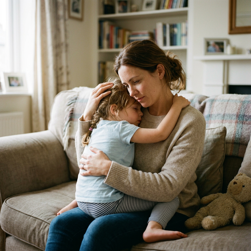 Mother embracing and comforting young child sitting on couch