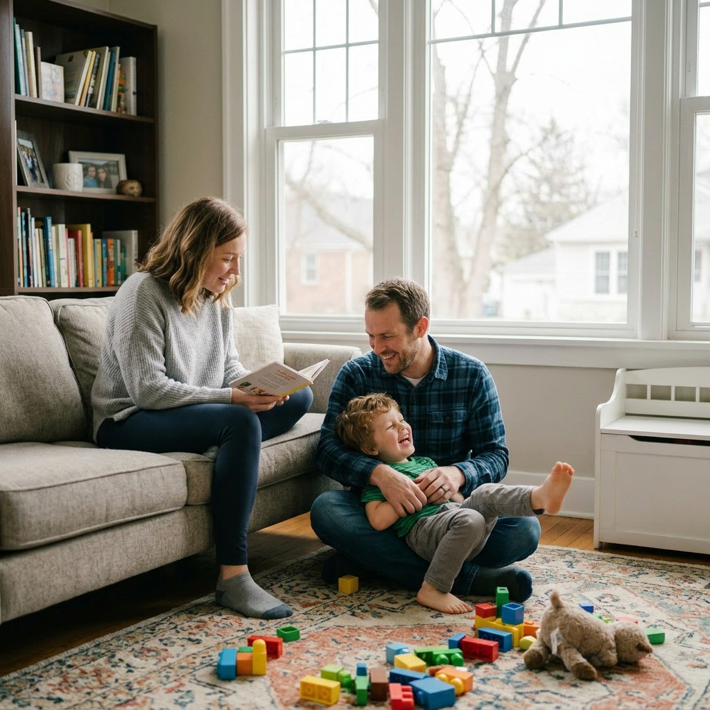 Parent tickling child on floor while another reads book on couch