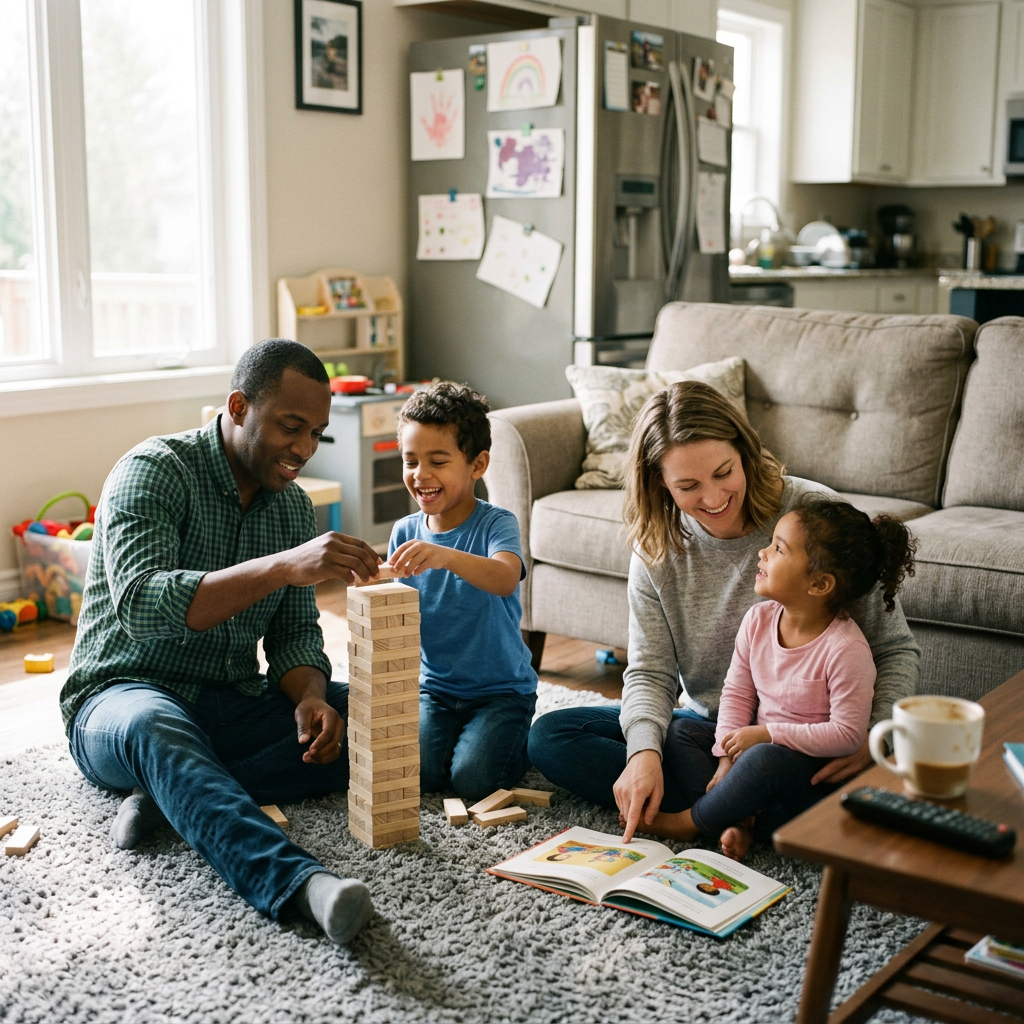 Father and son playing tower block game, mother and daughter reading book on floor