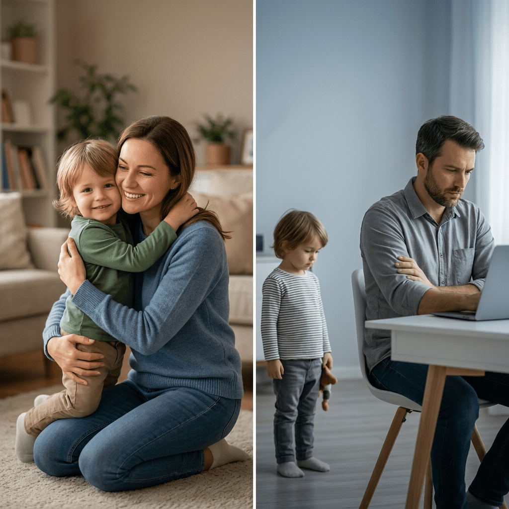 Side-by-side images showing responsive parenting with secure attachment and disengaged parenting with avoidant attachment.