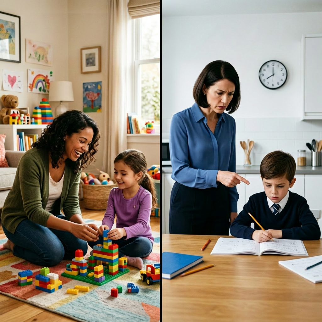 Mother playing with daughter using colorful building blocks; mother sternly pointing at son doing homework