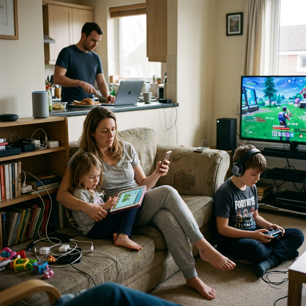 Mother and two children using digital devices while father prepares food in kitchen