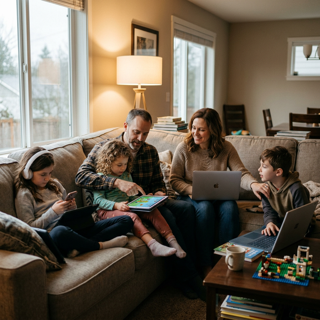 Family with children using digital devices on a living room couch